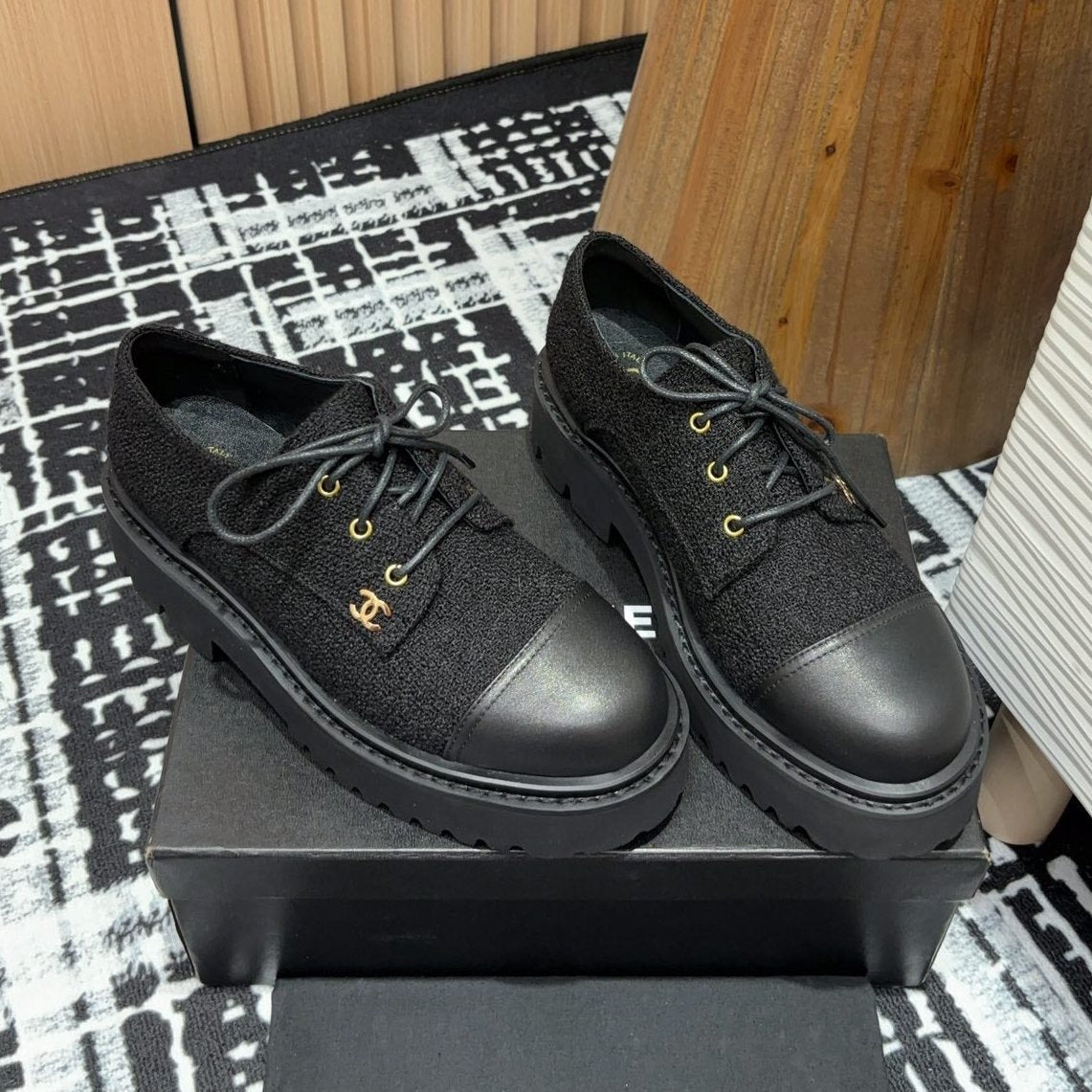 CC OXFORD SHOES IN BLACK TWEED AND CALFSKIN - 35