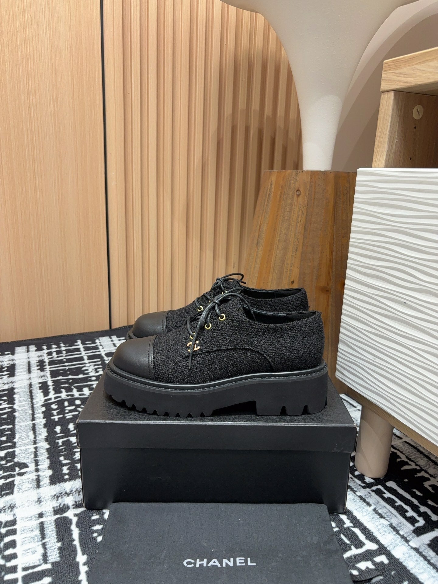 CC OXFORD SHOES IN BLACK TWEED AND CALFSKIN - 35