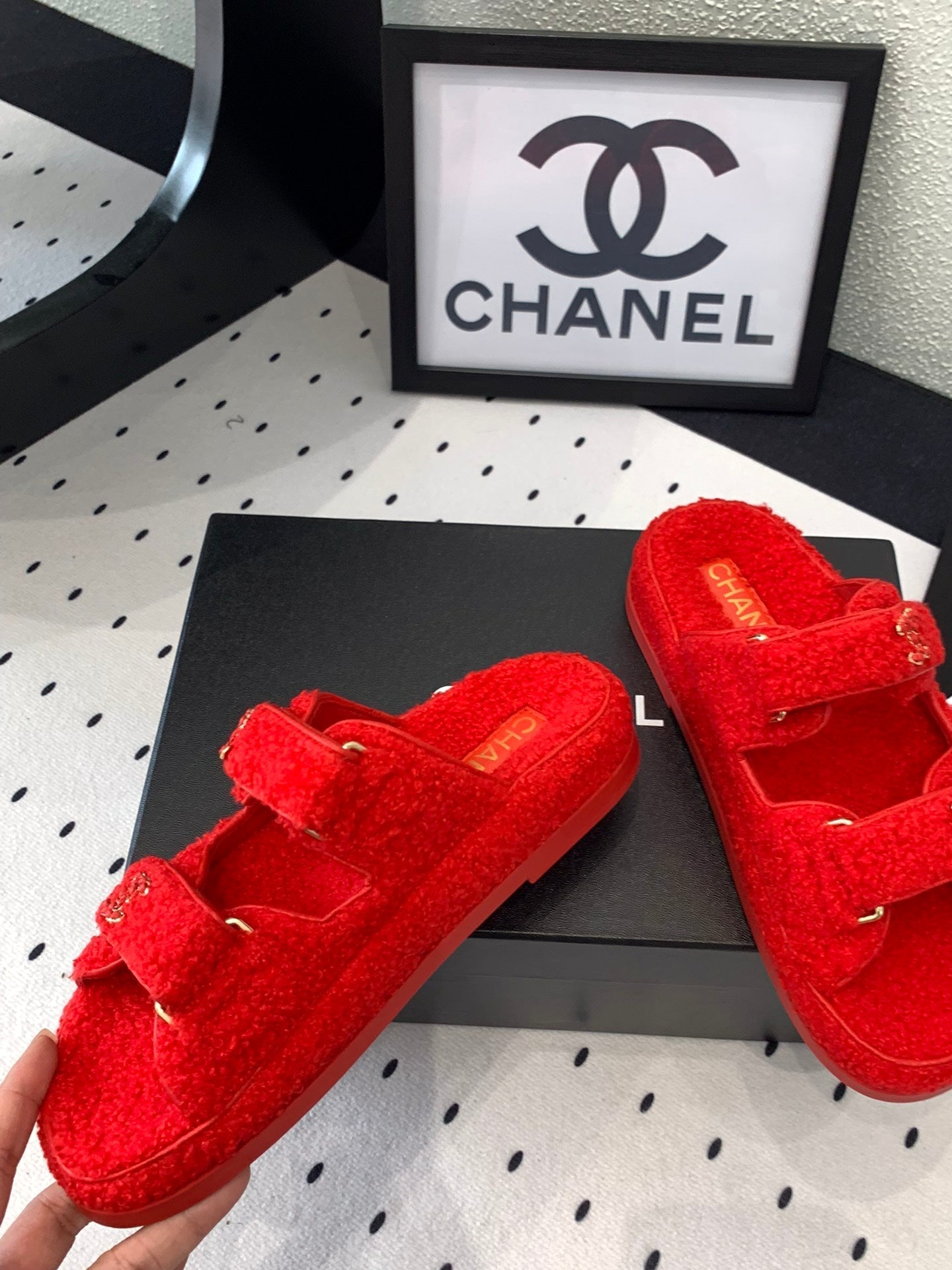 CC DAD SANDAL MULE IN CRIMSON RED LAMB FUR - 35
