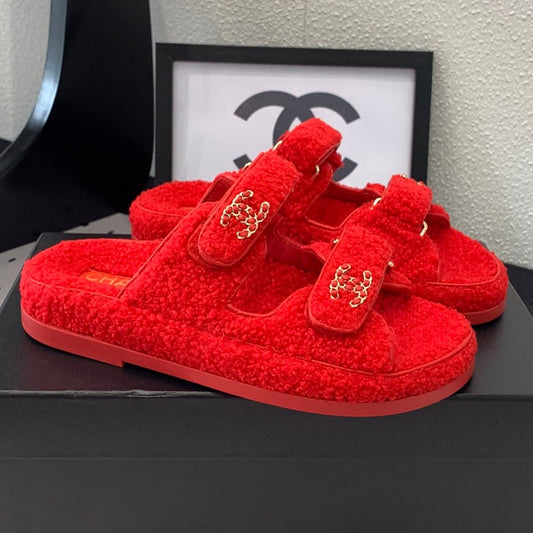 CC DAD SANDAL MULE IN CRIMSON RED LAMB FUR - 35
