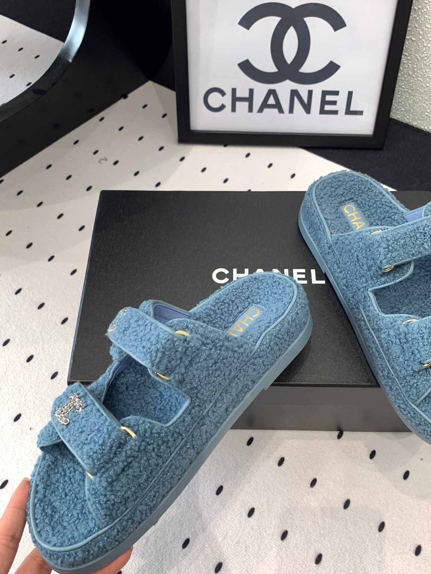 CC DAD SANDAL MULE IN AEGEAN BLUE LAMB FUR - 35