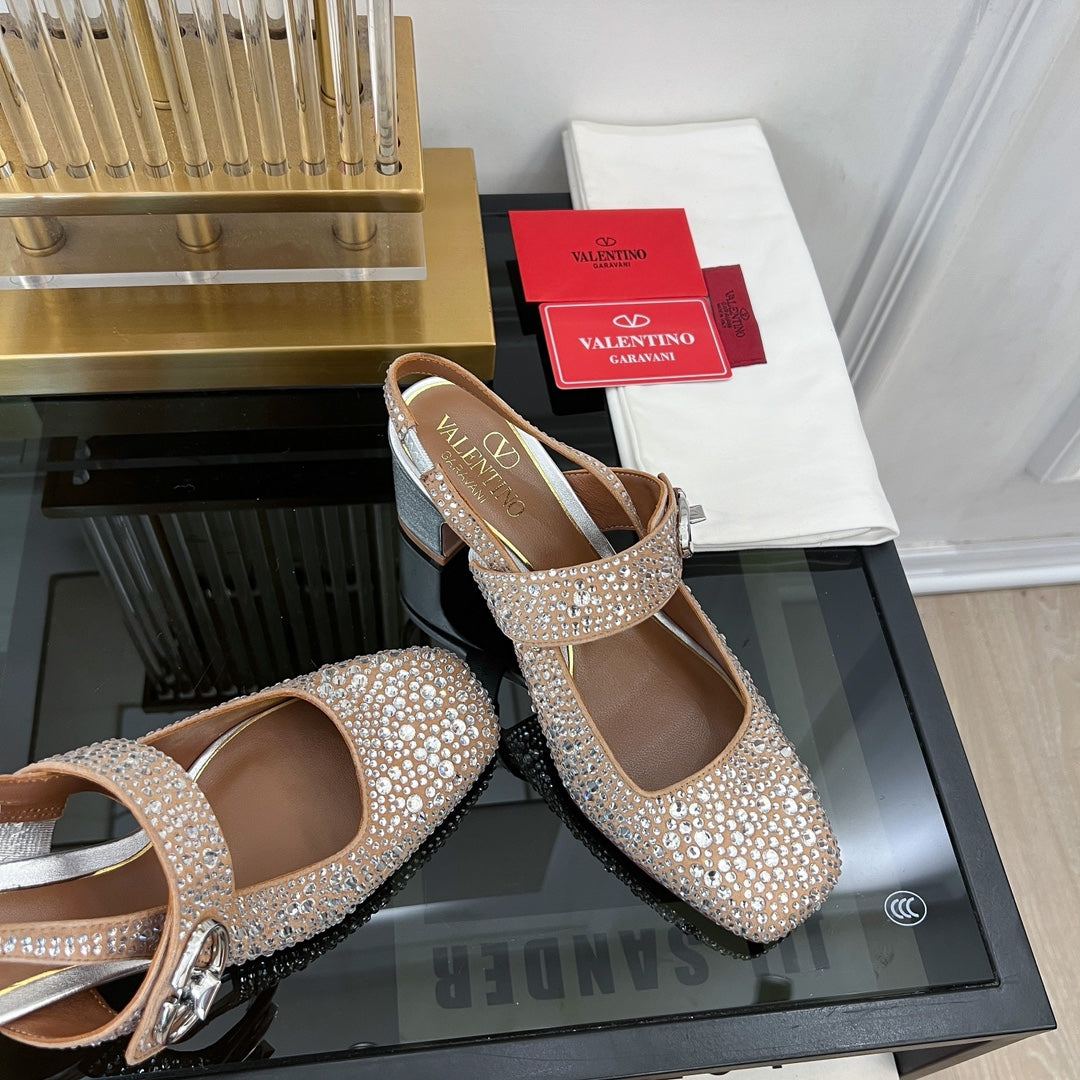 MARY-JANE VLOGO LOCKER SLINGBACK PUMPS CHOCOLATE BROWN SHEEPSKIN WITH 60MM CRYSTALS - 35
