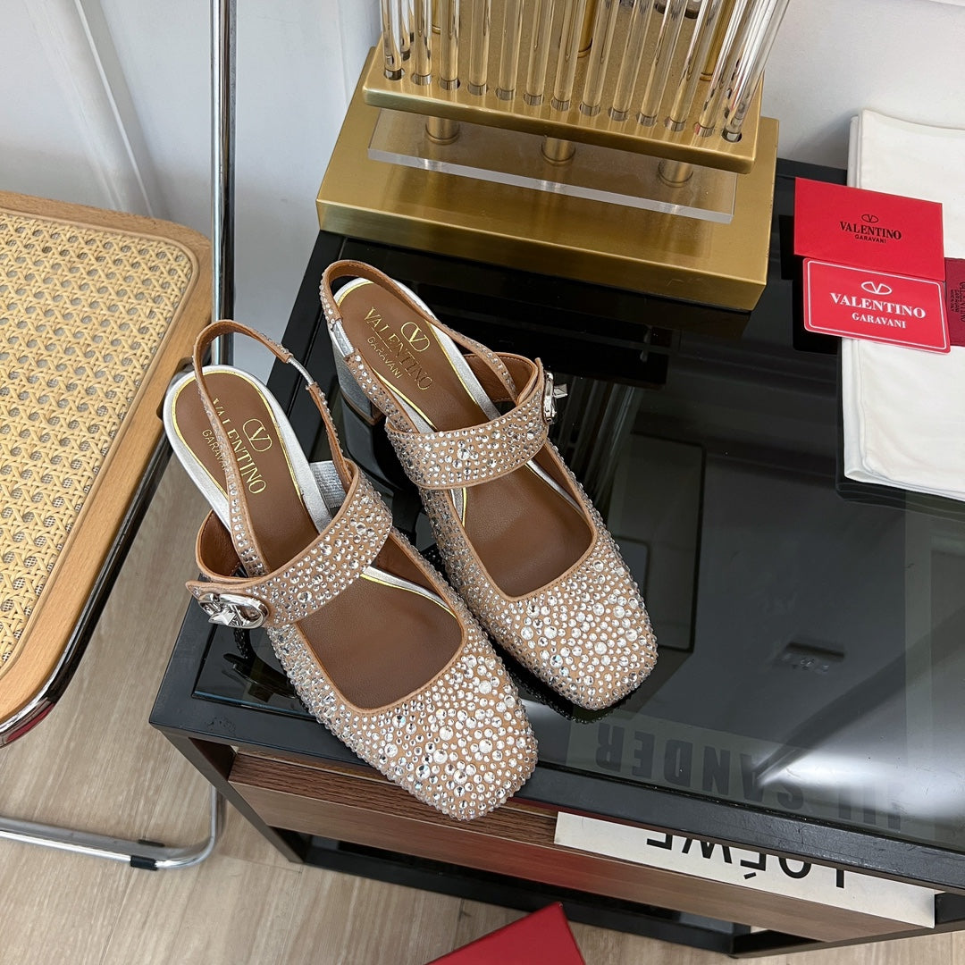 MARY-JANE VLOGO LOCKER SLINGBACK PUMPS CHOCOLATE BROWN SHEEPSKIN WITH 60MM CRYSTALS - 35