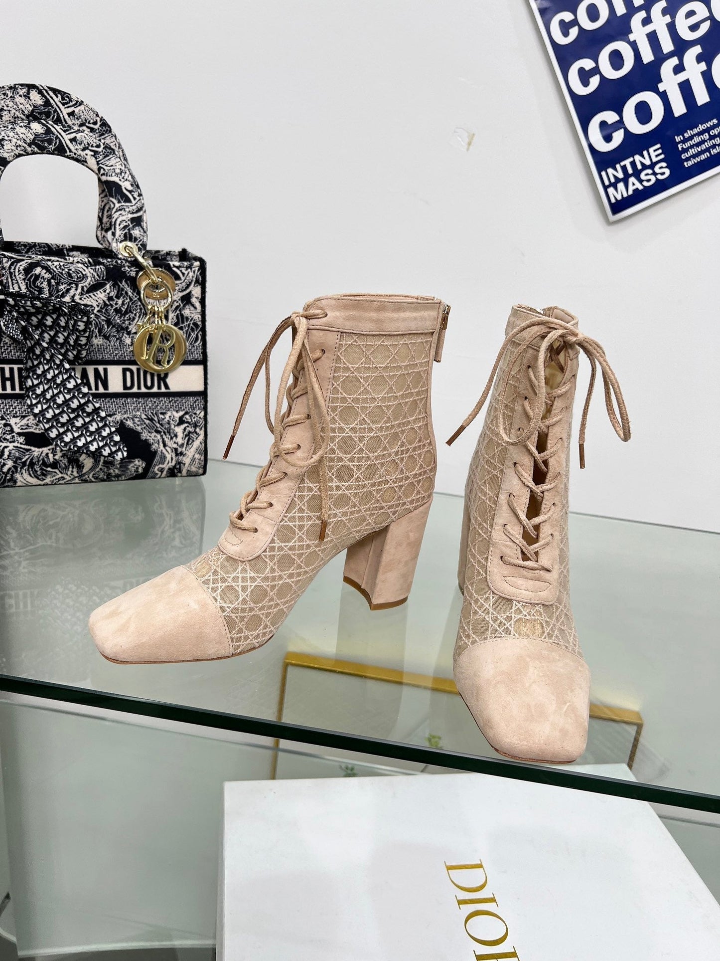 NAUGHTILY-D HEELED ANKLE BOOT IN BISQUE BEIGE CANNAGE MOTIF MESH AND SUEDE 8 CM - 34