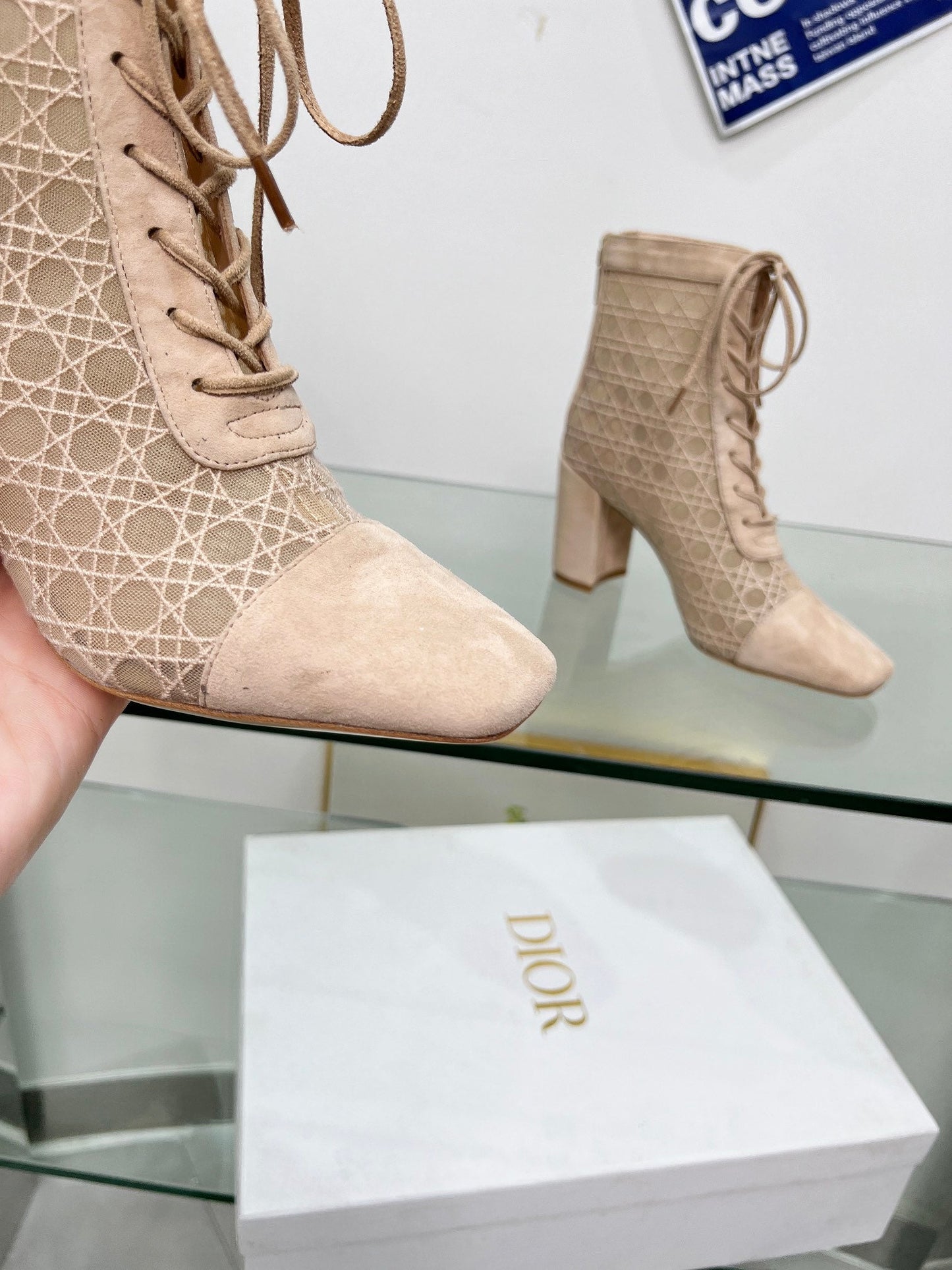 NAUGHTILY-D HEELED ANKLE BOOT IN BISQUE BEIGE CANNAGE MOTIF MESH AND SUEDE 8 CM - 34