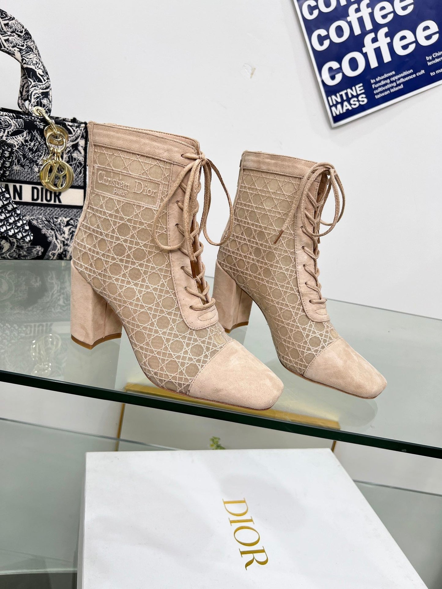 NAUGHTILY-D HEELED ANKLE BOOT IN BISQUE BEIGE CANNAGE MOTIF MESH AND SUEDE 8 CM - 34