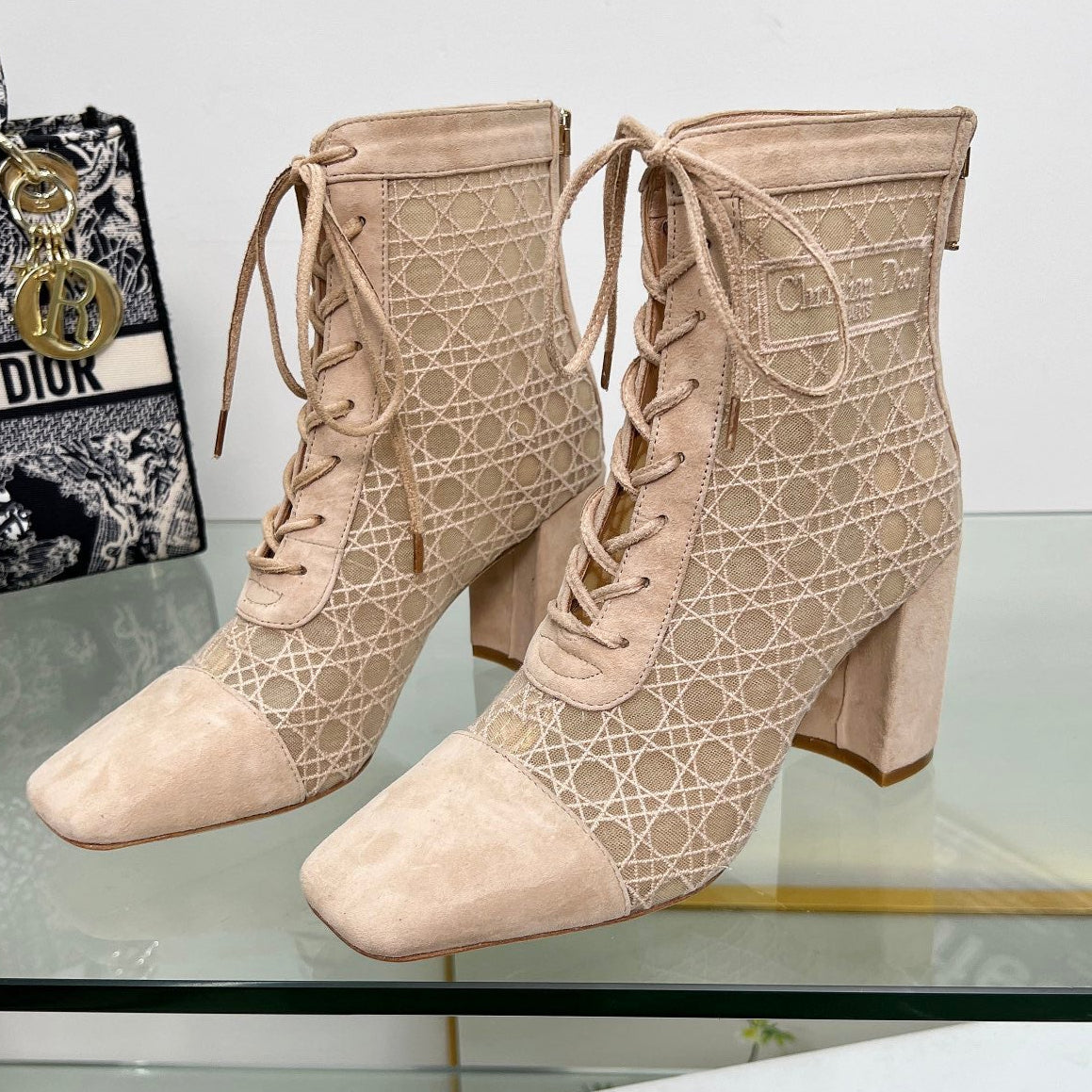 NAUGHTILY-D HEELED ANKLE BOOT IN BISQUE BEIGE CANNAGE MOTIF MESH AND SUEDE 8 CM - 34