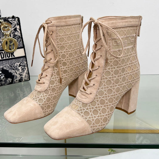 NAUGHTILY-D HEELED ANKLE BOOT IN BISQUE BEIGE CANNAGE MOTIF MESH AND SUEDE 8 CM - 34