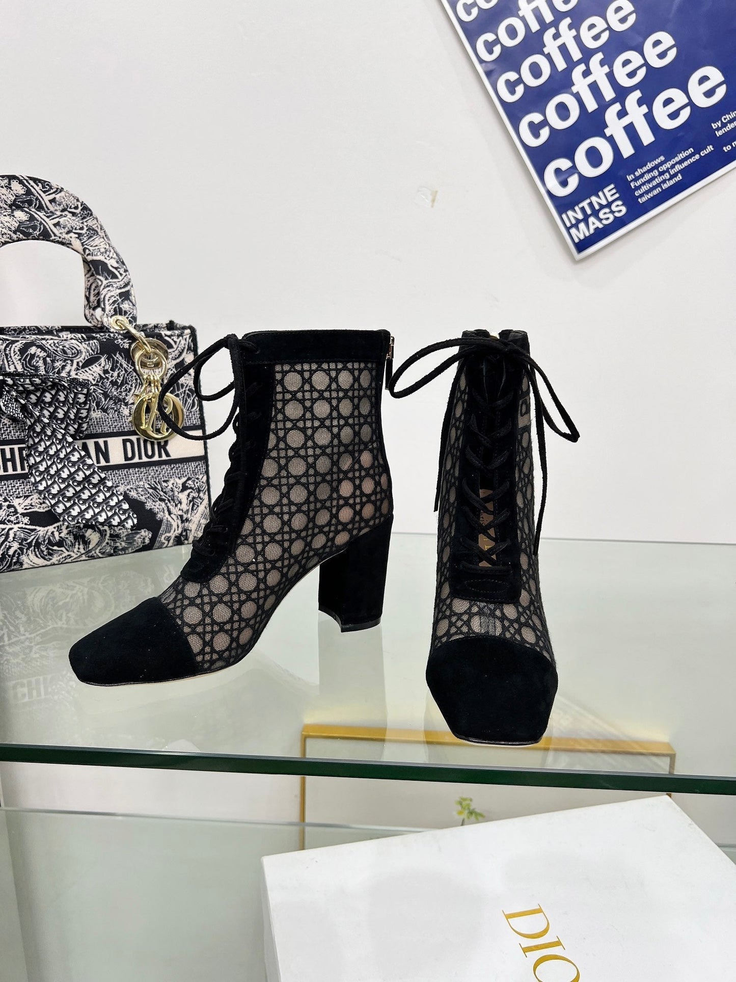 NAUGHTILY-D HEELED ANKLE BOOT IN BLACK CANNAGE MOTIF MESH AND SUEDE 8 CM - 34