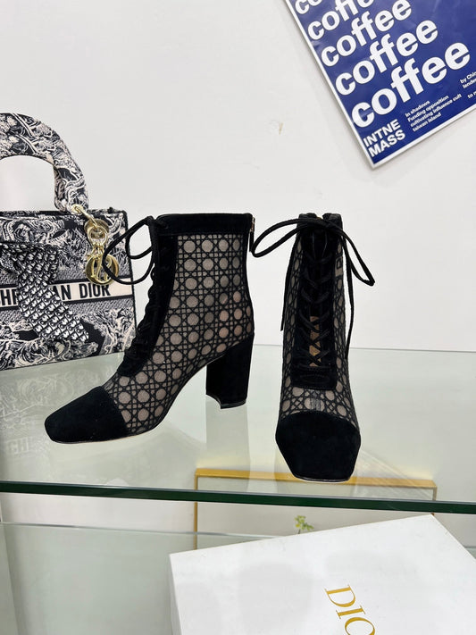 NAUGHTILY-D HEELED ANKLE BOOT IN BLACK CANNAGE MOTIF MESH AND SUEDE 8 CM - 34
