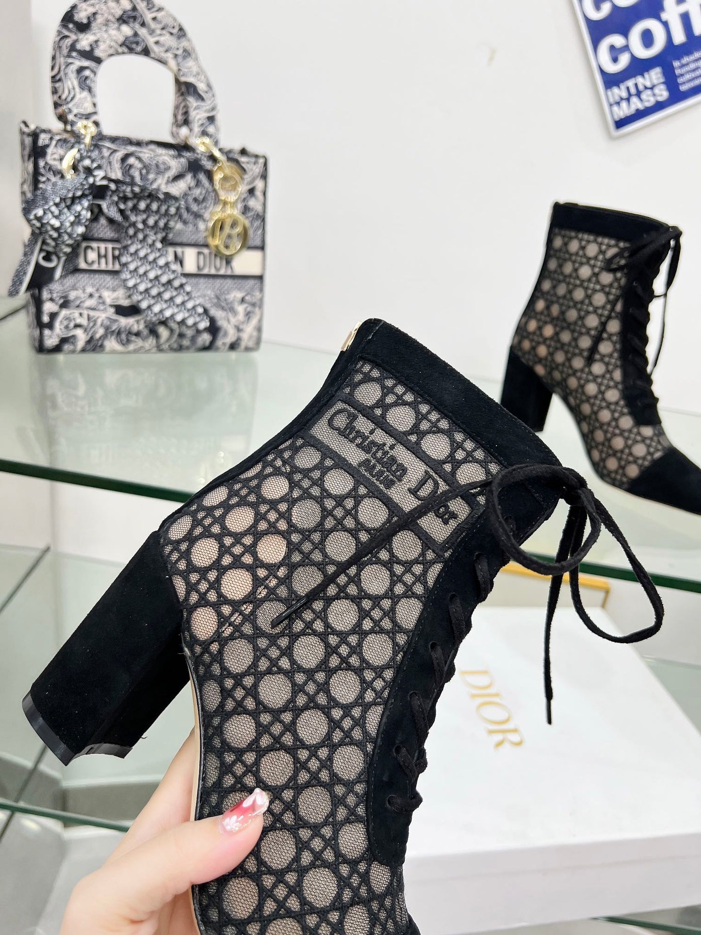 NAUGHTILY-D HEELED ANKLE BOOT IN BLACK CANNAGE MOTIF MESH AND SUEDE 8 CM - 34