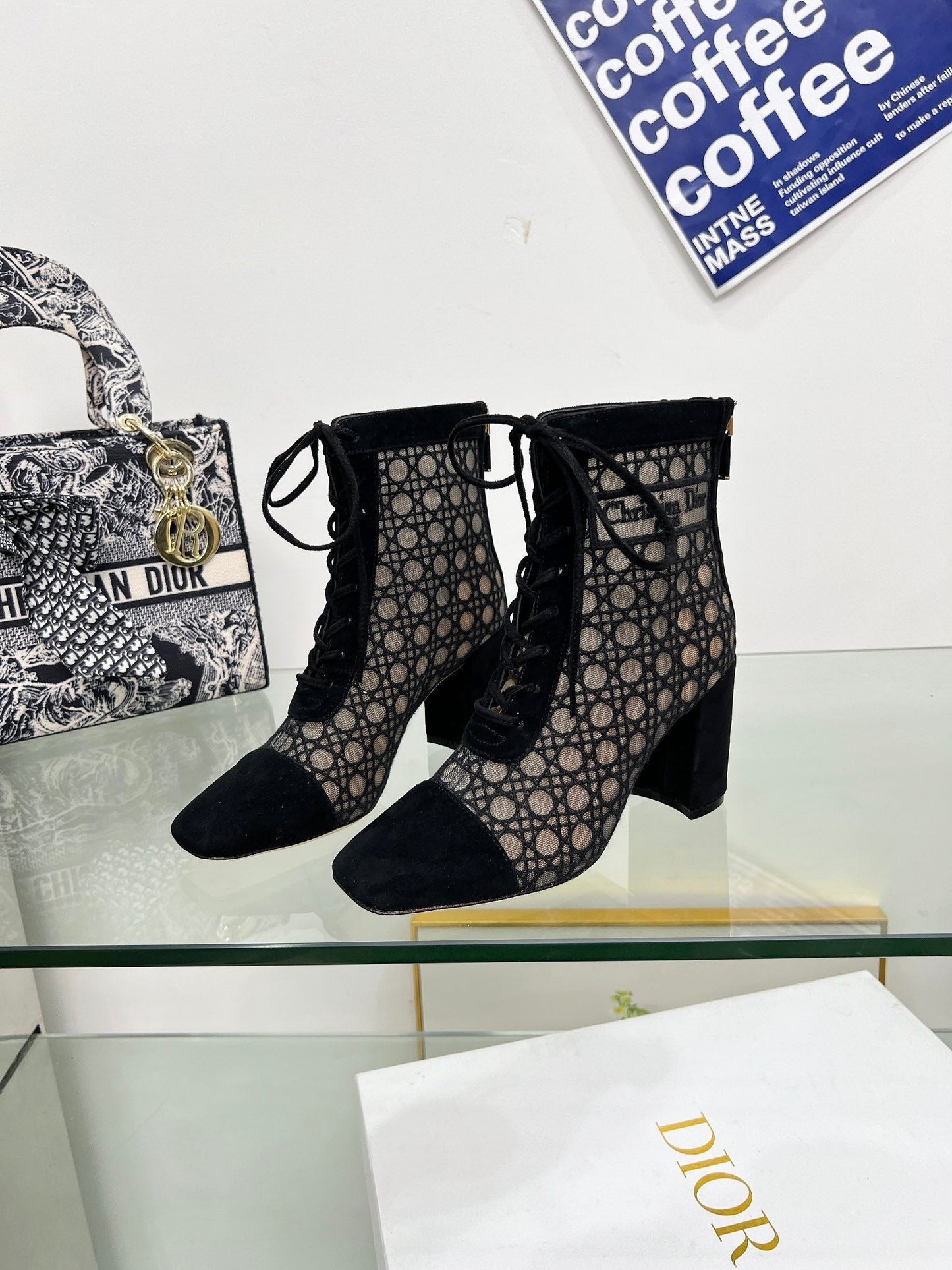 NAUGHTILY-D HEELED ANKLE BOOT IN BLACK CANNAGE MOTIF MESH AND SUEDE 8 CM - 34