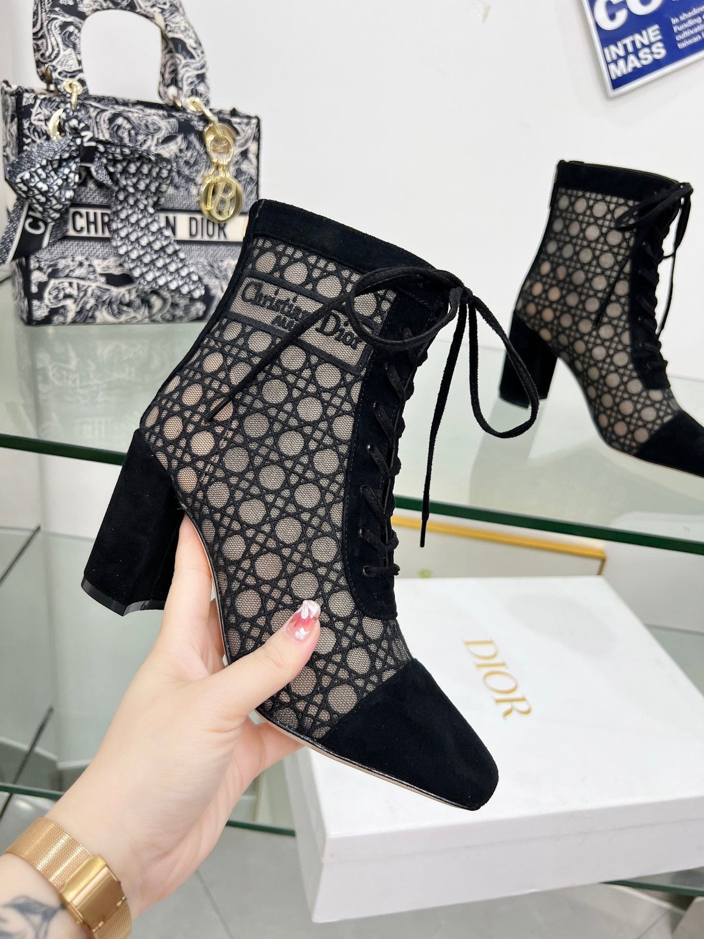 NAUGHTILY-D HEELED ANKLE BOOT IN BLACK CANNAGE MOTIF MESH AND SUEDE 8 CM - 34