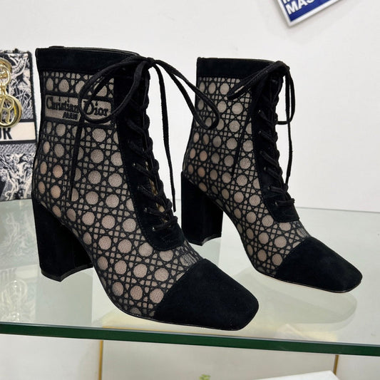 NAUGHTILY-D HEELED ANKLE BOOT IN BLACK CANNAGE MOTIF MESH AND SUEDE 8 CM - 34