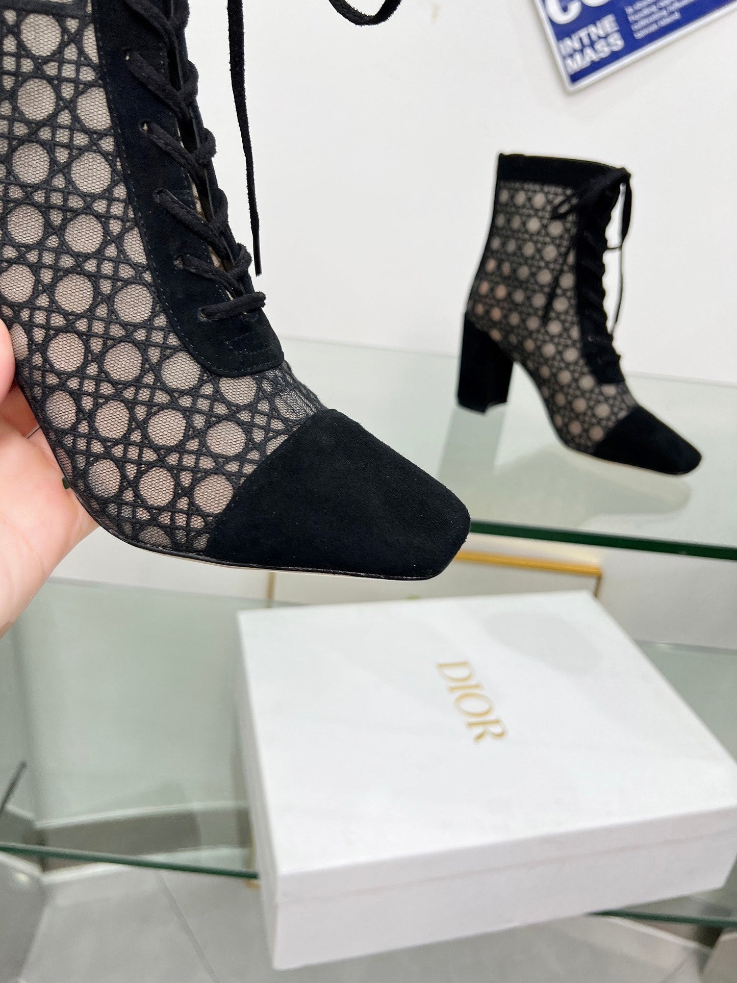 NAUGHTILY-D HEELED ANKLE BOOT IN BLACK CANNAGE MOTIF MESH AND SUEDE 8 CM - 34