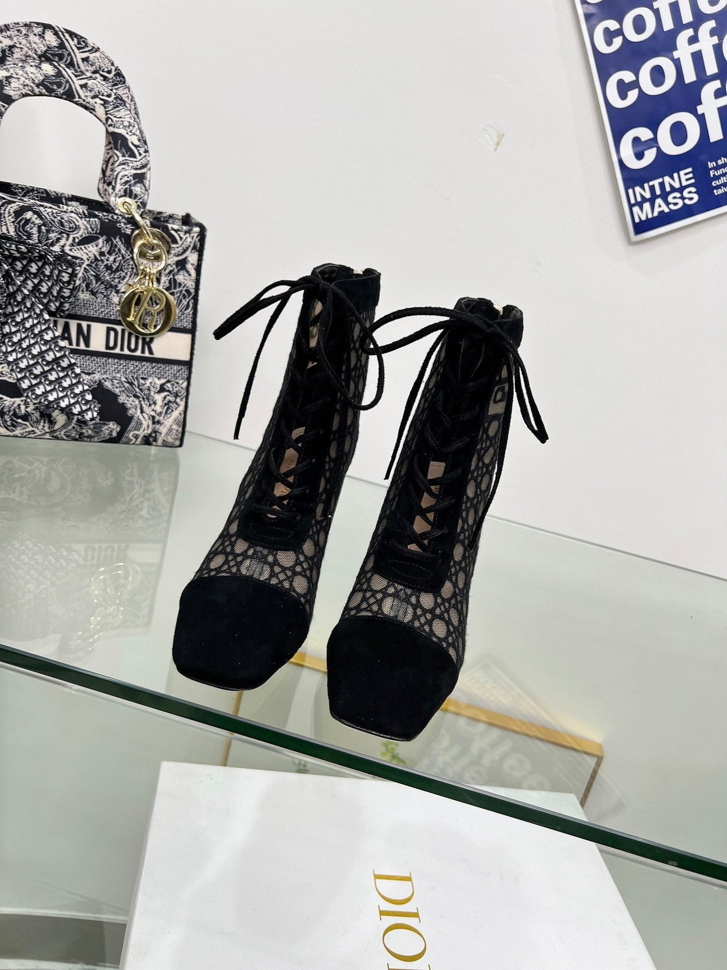 NAUGHTILY-D HEELED ANKLE BOOT IN BLACK CANNAGE MOTIF MESH AND SUEDE 8 CM - 34