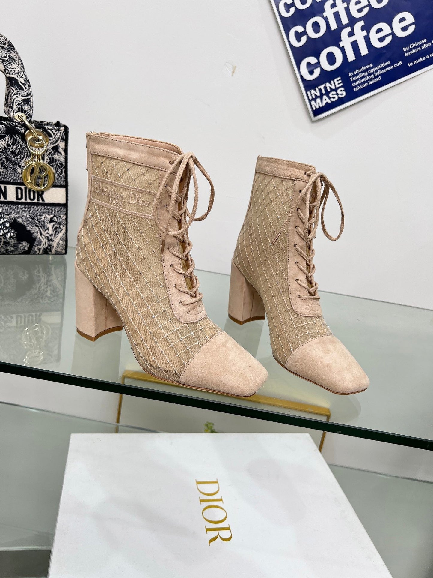 NAUGHTILY-D HEELED ANKLE BOOT IN BISQUE BEIGE EMBROIDERED MESH AND SUEDE 8 CM - 34