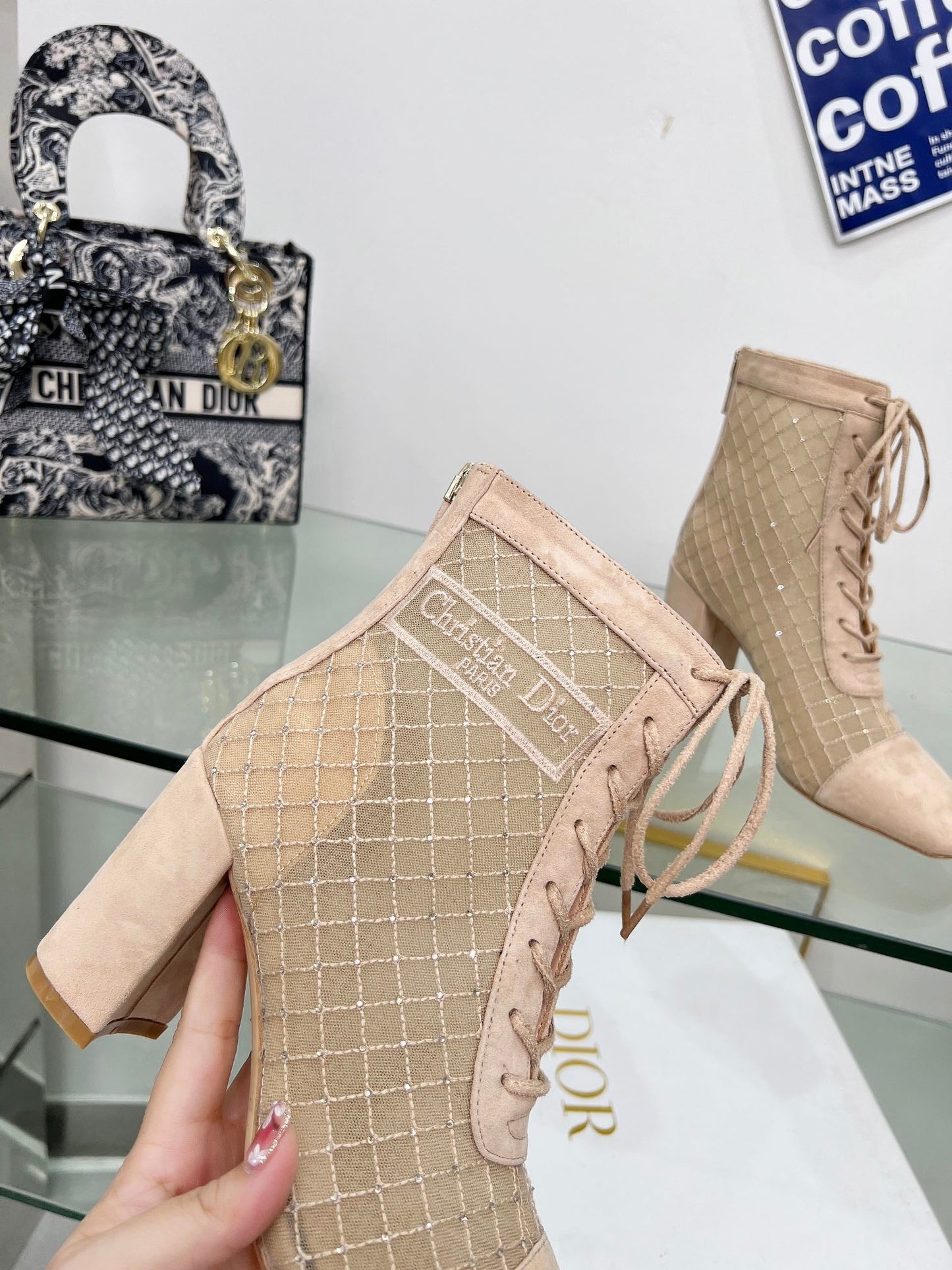 NAUGHTILY-D HEELED ANKLE BOOT IN BISQUE BEIGE EMBROIDERED MESH AND SUEDE 8 CM - 34