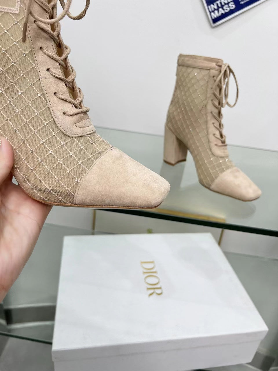 NAUGHTILY-D HEELED ANKLE BOOT IN BISQUE BEIGE EMBROIDERED MESH AND SUEDE 8 CM - 34
