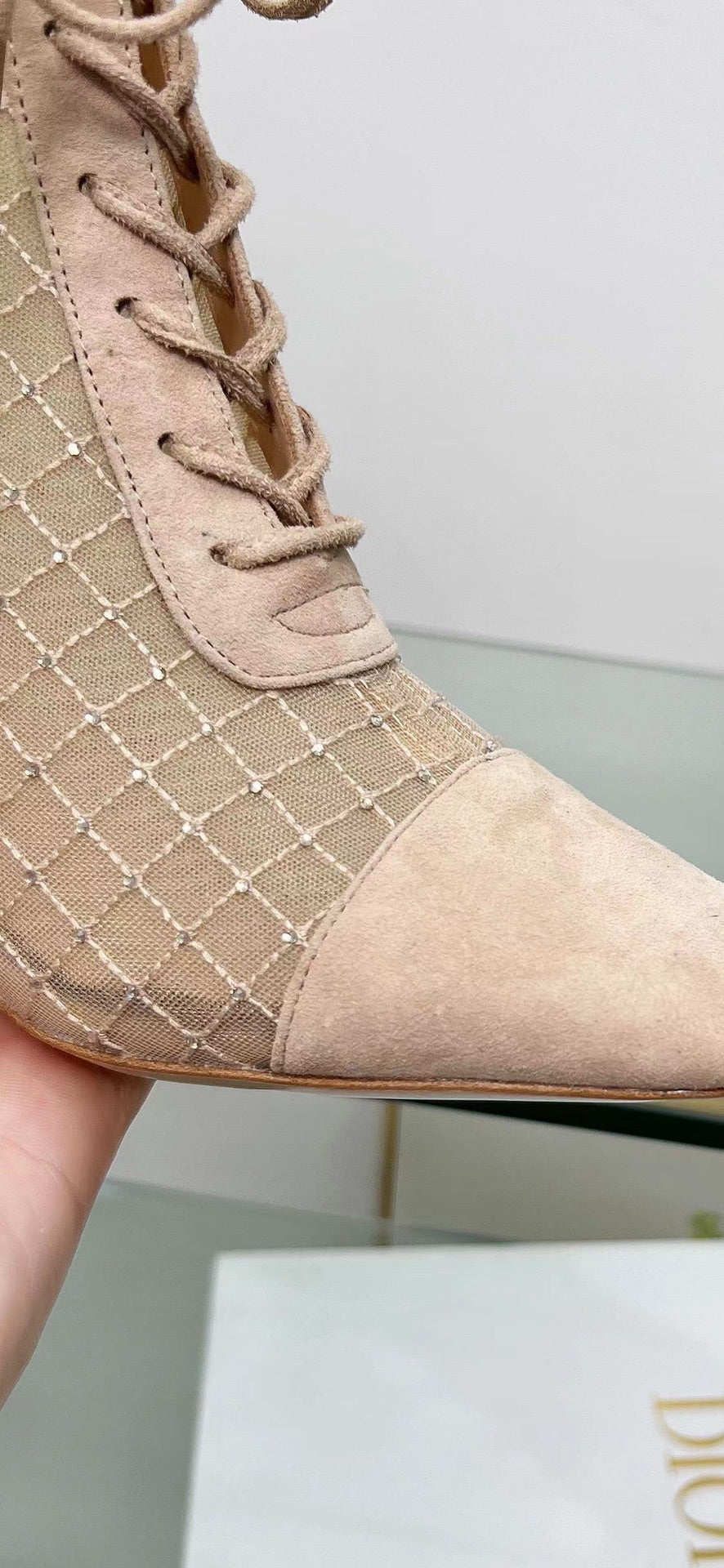 NAUGHTILY-D HEELED ANKLE BOOT IN BISQUE BEIGE EMBROIDERED MESH AND SUEDE 8 CM - 34
