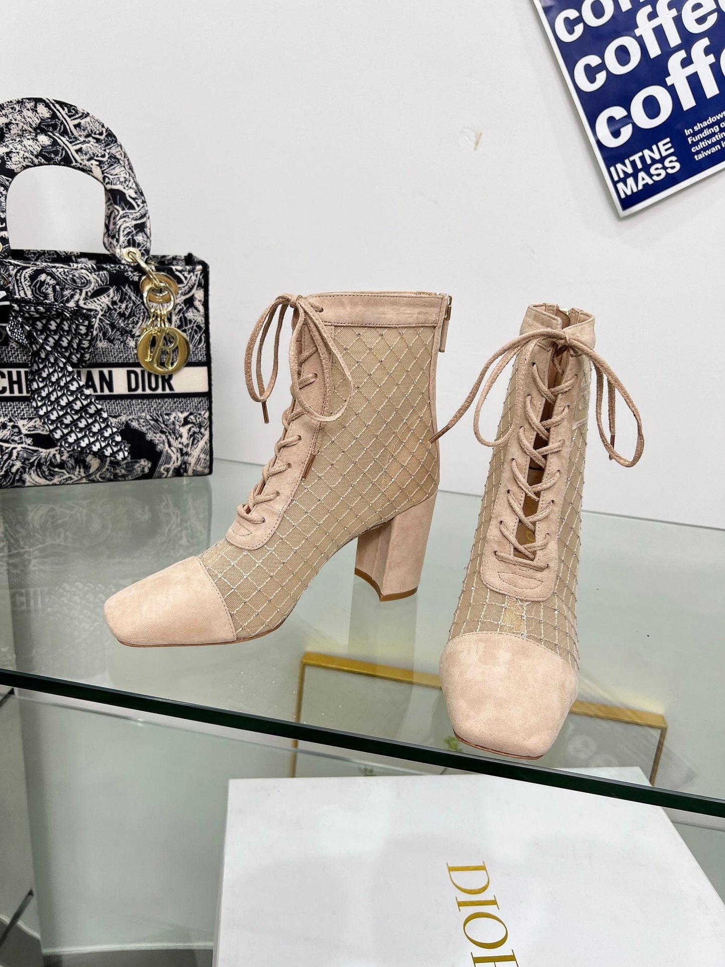 NAUGHTILY-D HEELED ANKLE BOOT IN BISQUE BEIGE EMBROIDERED MESH AND SUEDE 8 CM - 34