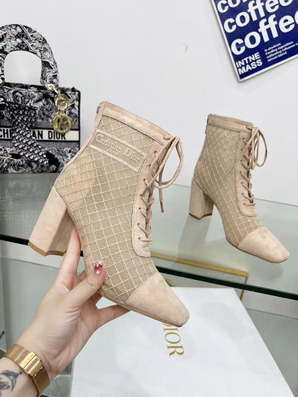NAUGHTILY-D HEELED ANKLE BOOT IN BISQUE BEIGE EMBROIDERED MESH AND SUEDE 8 CM - 34