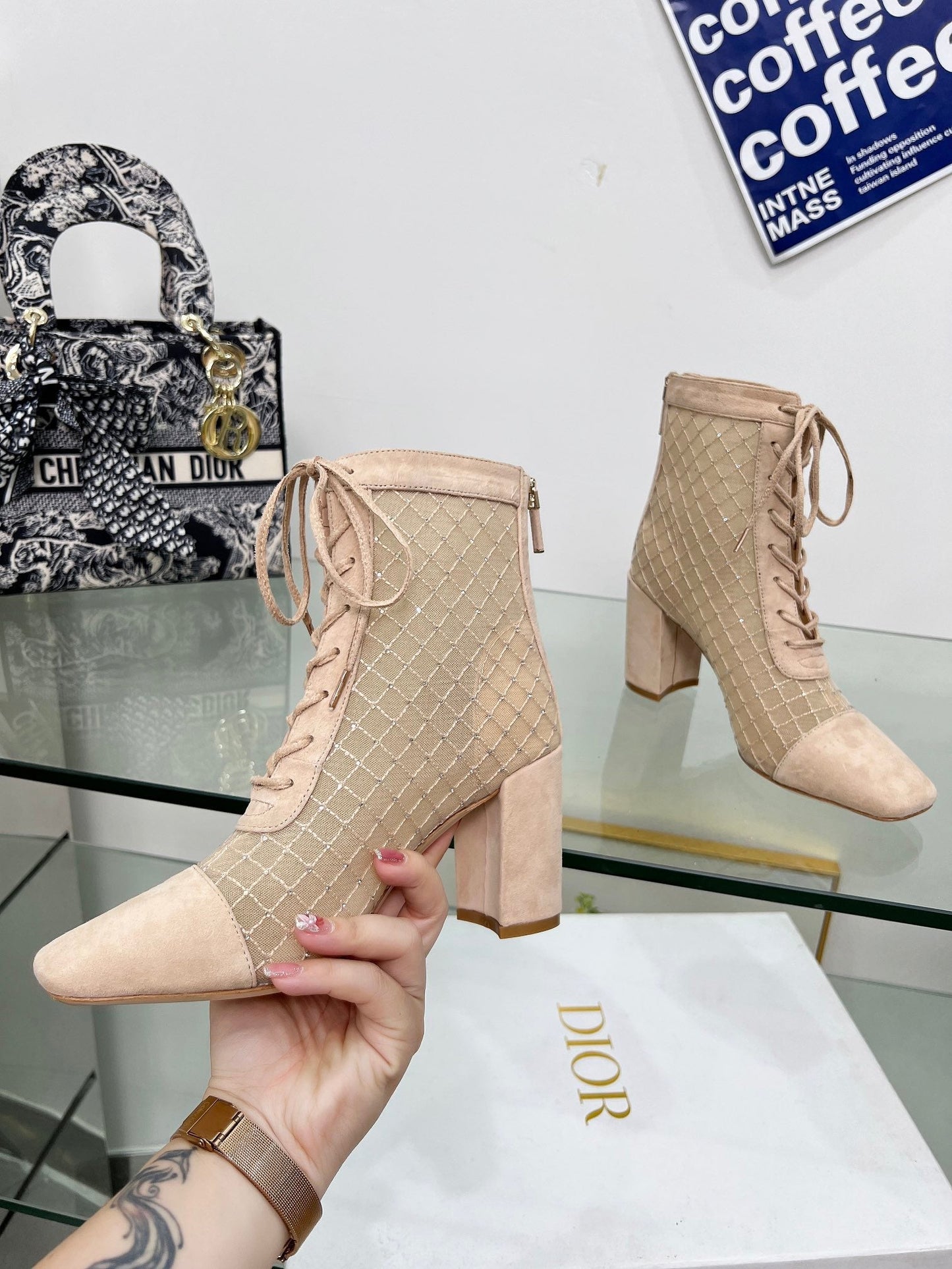 NAUGHTILY-D HEELED ANKLE BOOT IN BISQUE BEIGE EMBROIDERED MESH AND SUEDE 8 CM - 34