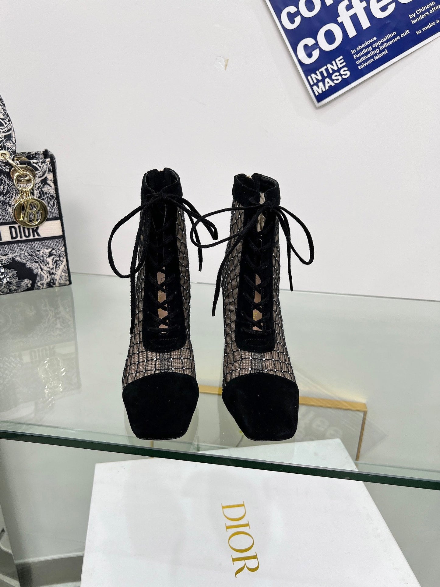 NAUGHTILY-D HEELED ANKLE BOOT IN BLACK EMBROIDERED MESH AND SUEDE 8 CM - 34