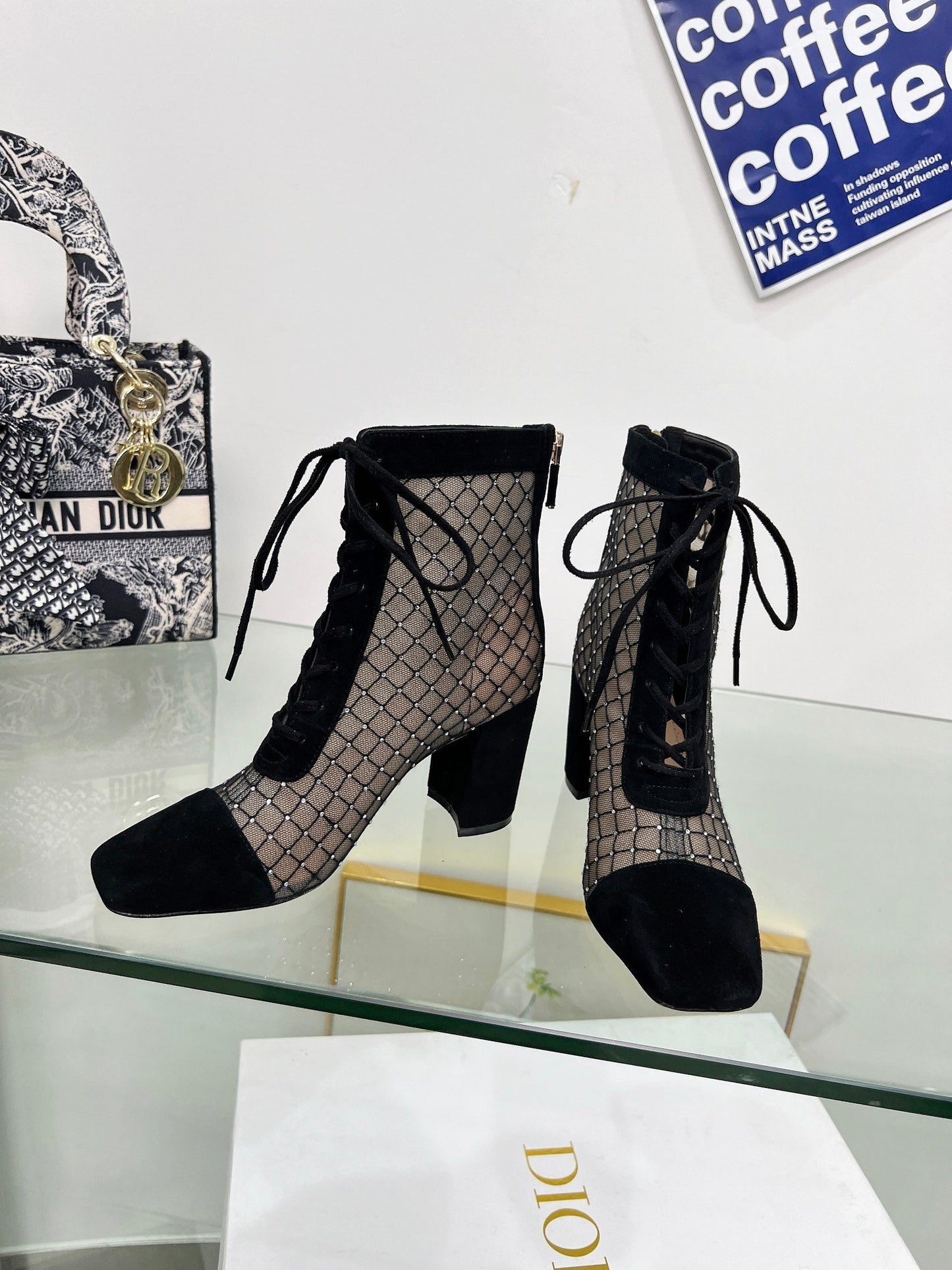NAUGHTILY-D HEELED ANKLE BOOT IN BLACK EMBROIDERED MESH AND SUEDE 8 CM - 34