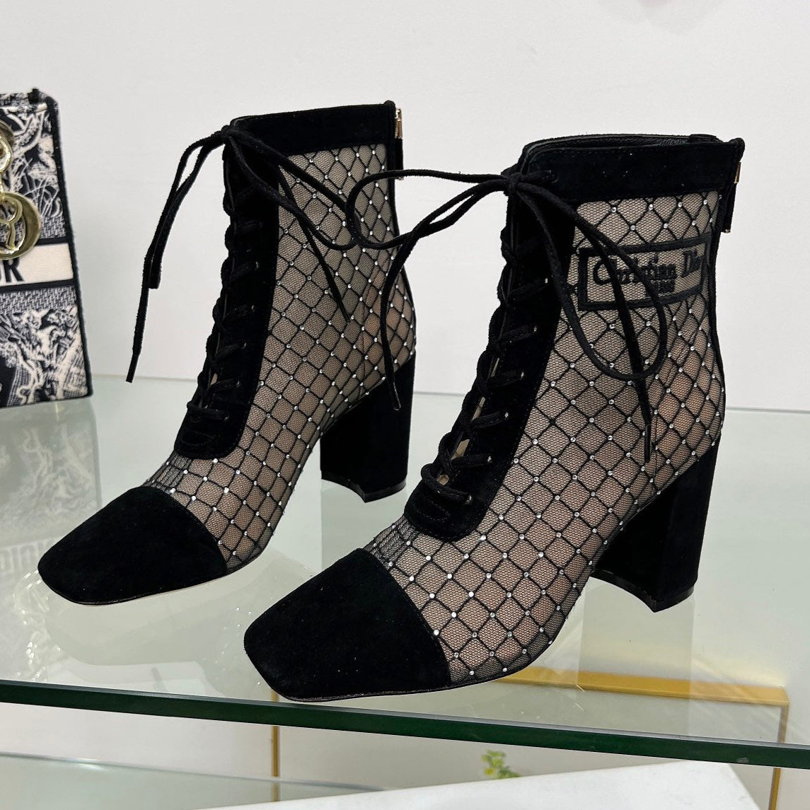 NAUGHTILY-D HEELED ANKLE BOOT IN BLACK EMBROIDERED MESH AND SUEDE 8 CM - 34