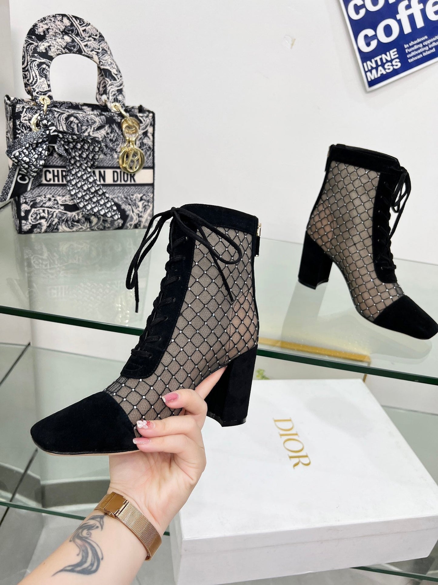 NAUGHTILY-D HEELED ANKLE BOOT IN BLACK EMBROIDERED MESH AND SUEDE 8 CM - 34