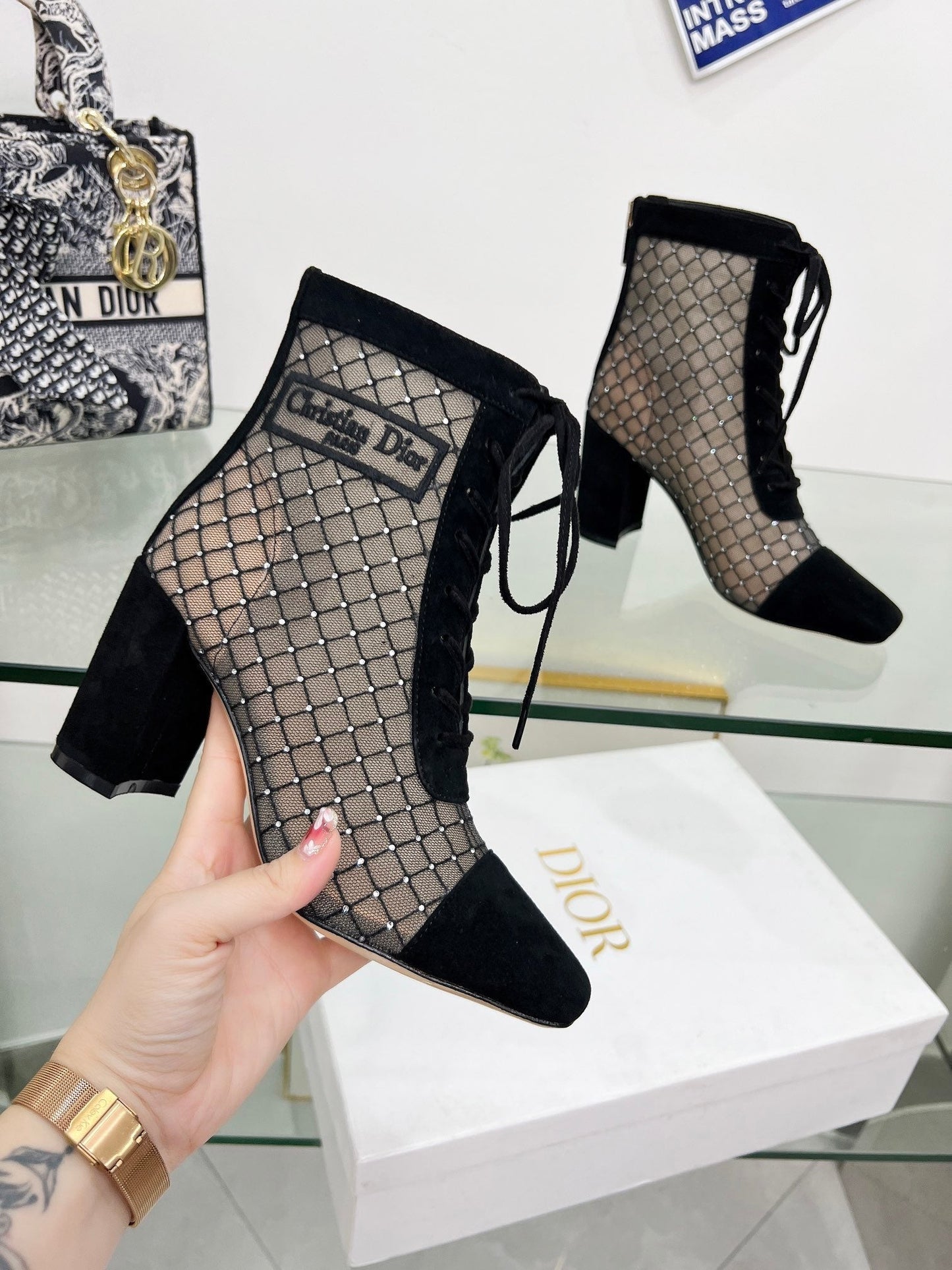 NAUGHTILY-D HEELED ANKLE BOOT IN BLACK EMBROIDERED MESH AND SUEDE 8 CM - 34