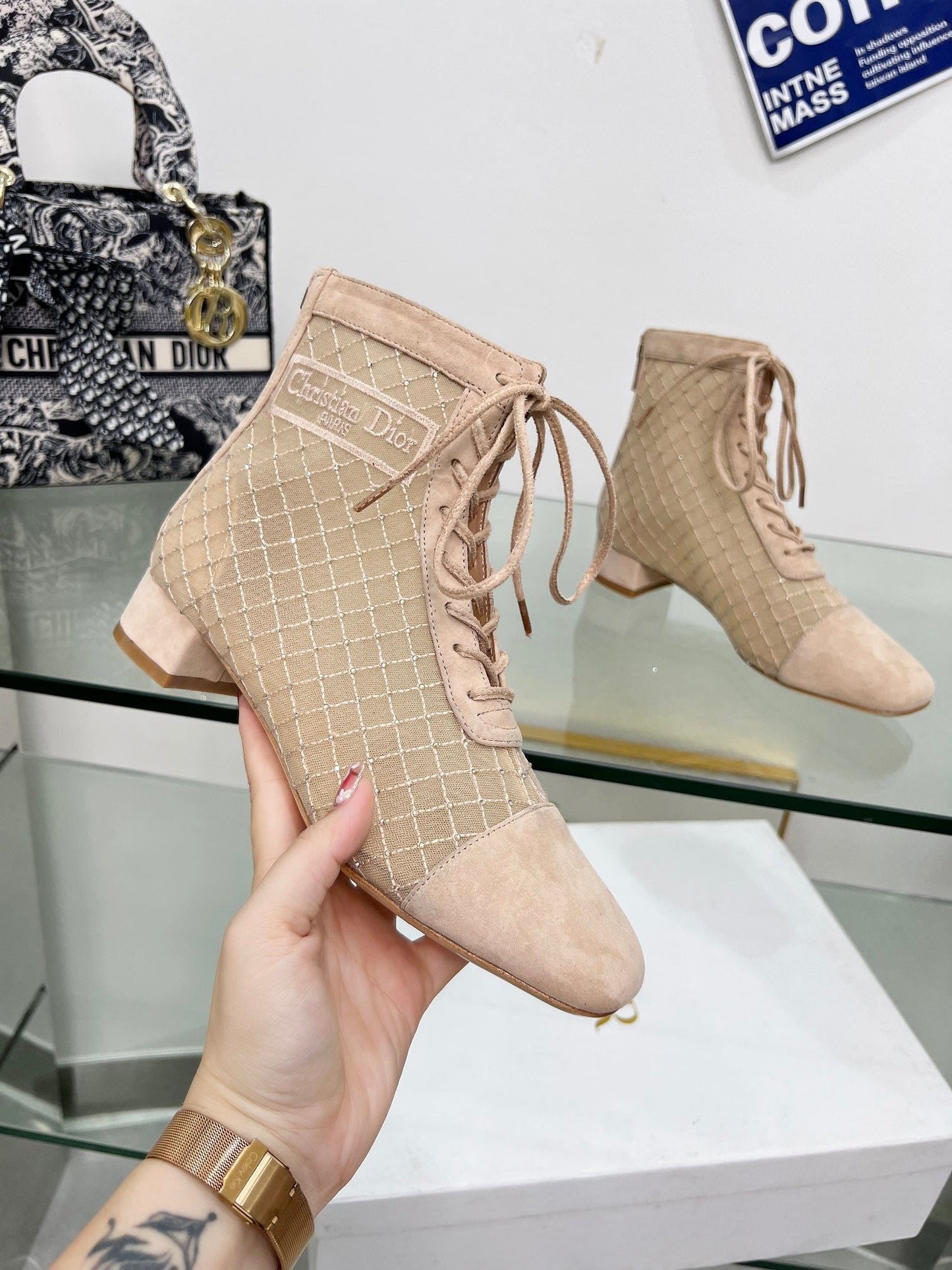 NAUGHTILY-D HEELED ANKLE BOOT IN BISQUE BEIGE EMBROIDERED MESH AND SUEDE 35 MM - 34