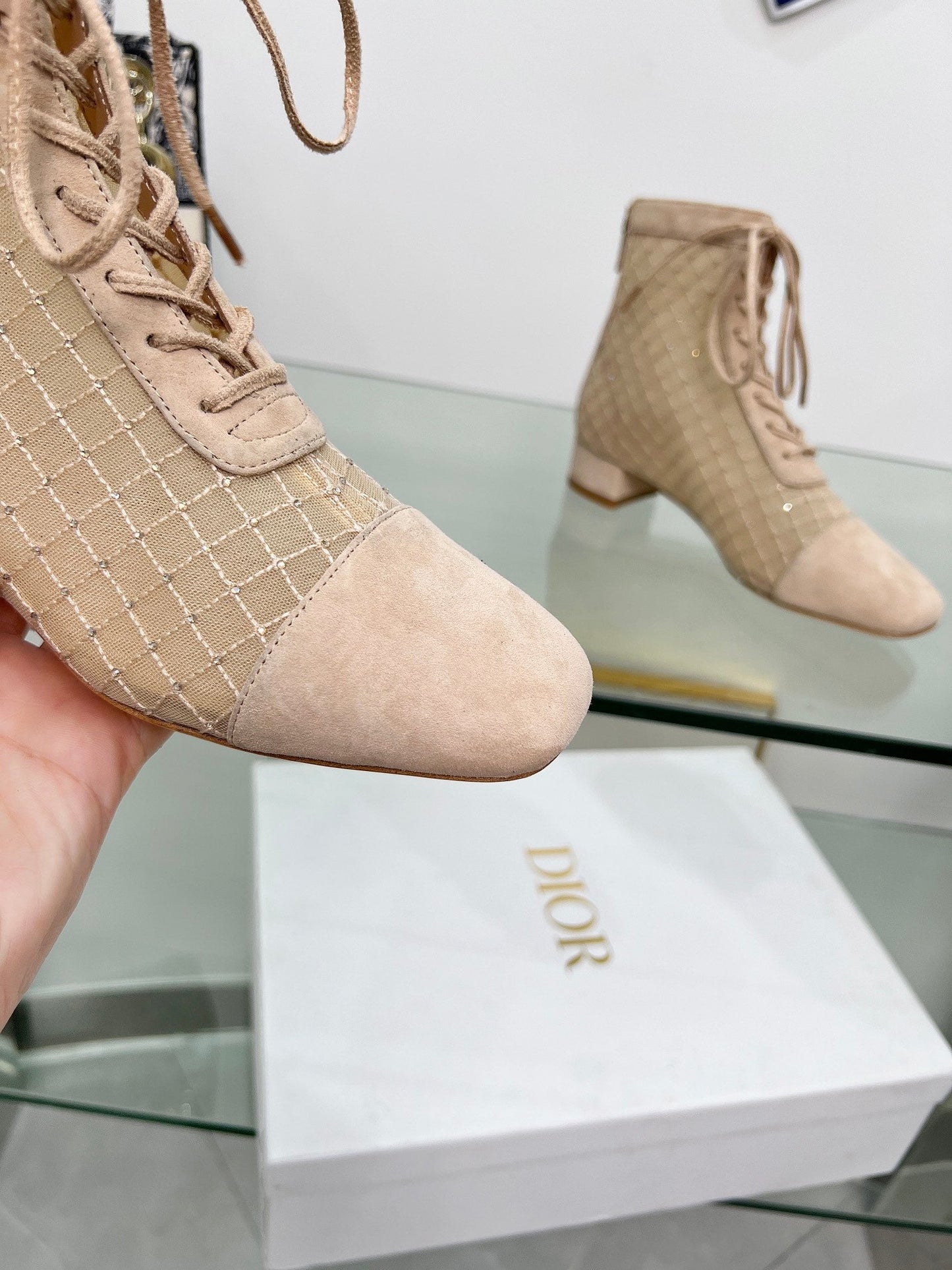 NAUGHTILY-D HEELED ANKLE BOOT IN BISQUE BEIGE EMBROIDERED MESH AND SUEDE 35 MM - 34