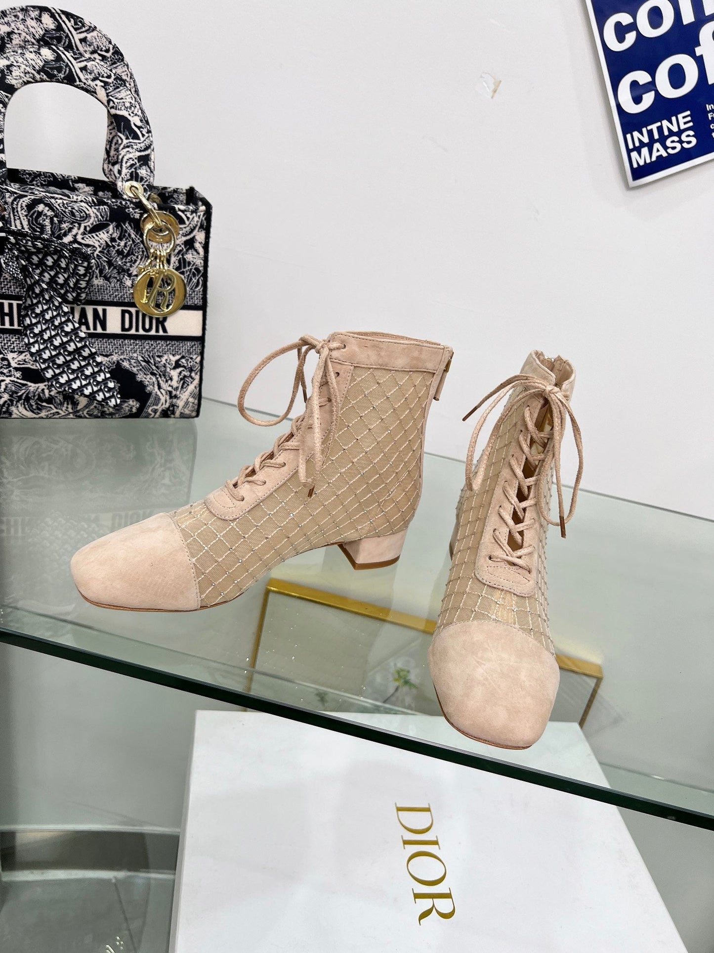 NAUGHTILY-D HEELED ANKLE BOOT IN BISQUE BEIGE EMBROIDERED MESH AND SUEDE 35 MM - 34