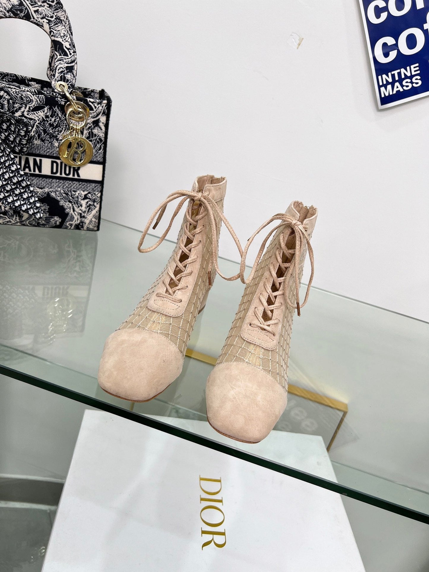 NAUGHTILY-D HEELED ANKLE BOOT IN BISQUE BEIGE EMBROIDERED MESH AND SUEDE 35 MM - 34
