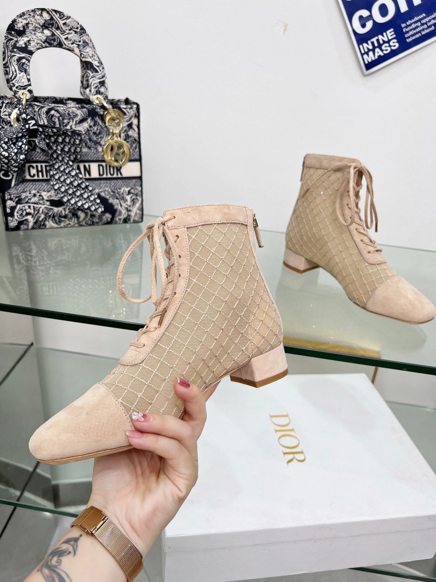 NAUGHTILY-D HEELED ANKLE BOOT IN BISQUE BEIGE EMBROIDERED MESH AND SUEDE 35 MM - 34
