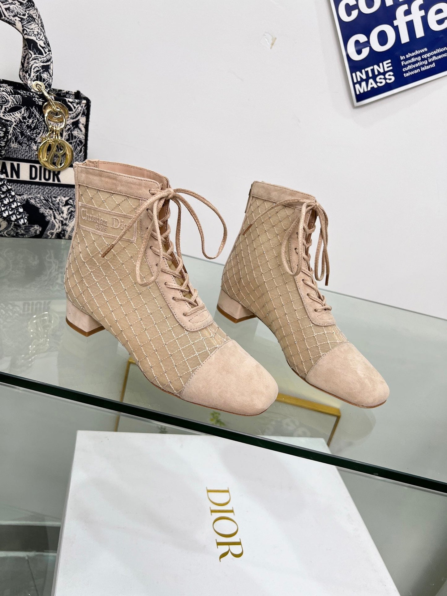 NAUGHTILY-D HEELED ANKLE BOOT IN BISQUE BEIGE EMBROIDERED MESH AND SUEDE 35 MM - 34