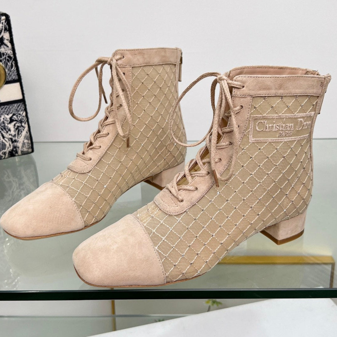 NAUGHTILY-D HEELED ANKLE BOOT IN BISQUE BEIGE EMBROIDERED MESH AND SUEDE 35 MM - 34