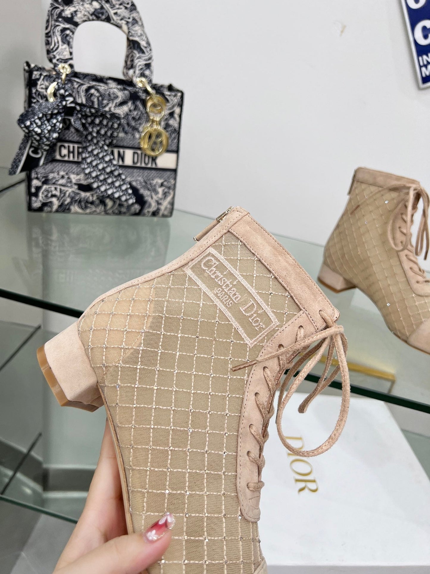 NAUGHTILY-D HEELED ANKLE BOOT IN BISQUE BEIGE EMBROIDERED MESH AND SUEDE 35 MM - 34