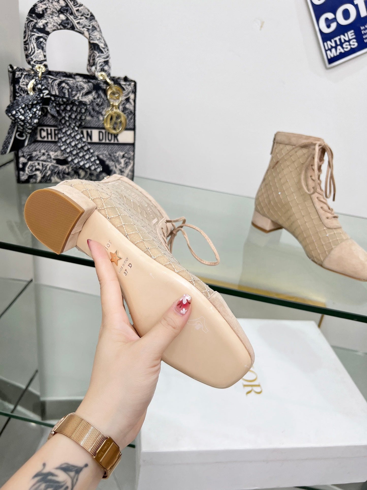 NAUGHTILY-D HEELED ANKLE BOOT IN BISQUE BEIGE EMBROIDERED MESH AND SUEDE 35 MM - 34