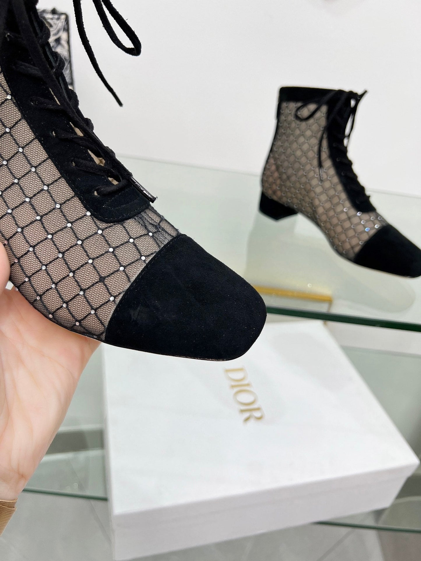 NAUGHTILY-D HEELED ANKLE BOOT IN BLACK EMBROIDERED MESH AND SUEDE 35 MM - 34