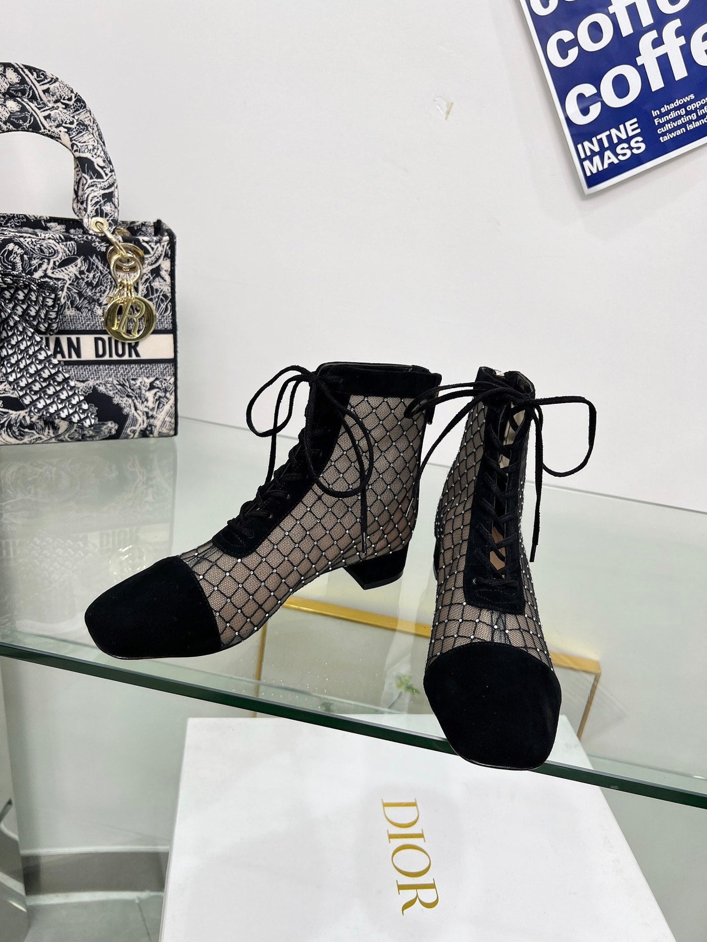 NAUGHTILY-D HEELED ANKLE BOOT IN BLACK EMBROIDERED MESH AND SUEDE 35 MM - 34