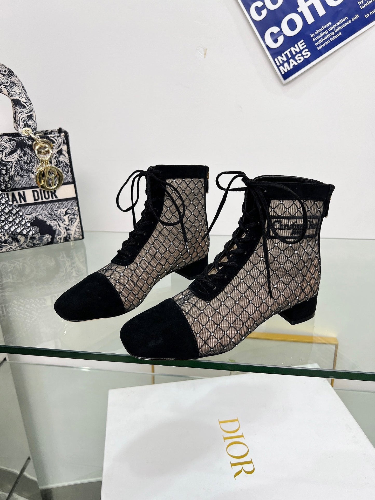 NAUGHTILY-D HEELED ANKLE BOOT IN BLACK EMBROIDERED MESH AND SUEDE 35 MM - 34