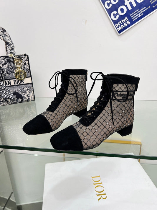 NAUGHTILY-D HEELED ANKLE BOOT IN BLACK EMBROIDERED MESH AND SUEDE 35 MM - 34