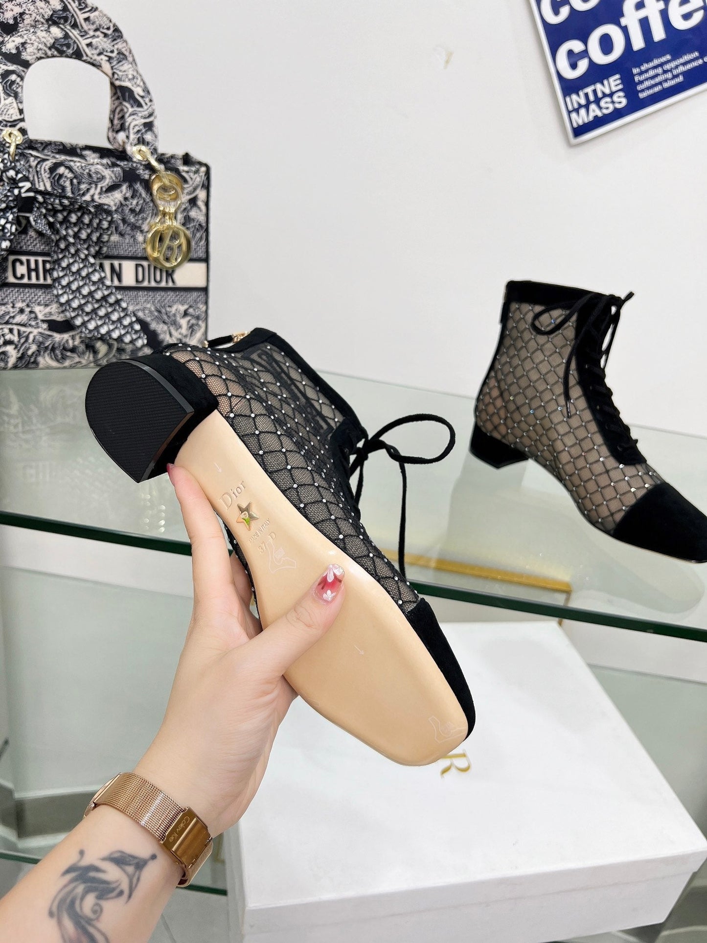 NAUGHTILY-D HEELED ANKLE BOOT IN BLACK EMBROIDERED MESH AND SUEDE 35 MM - 34