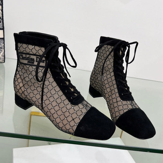 NAUGHTILY-D HEELED ANKLE BOOT IN BLACK EMBROIDERED MESH AND SUEDE 35 MM - 34