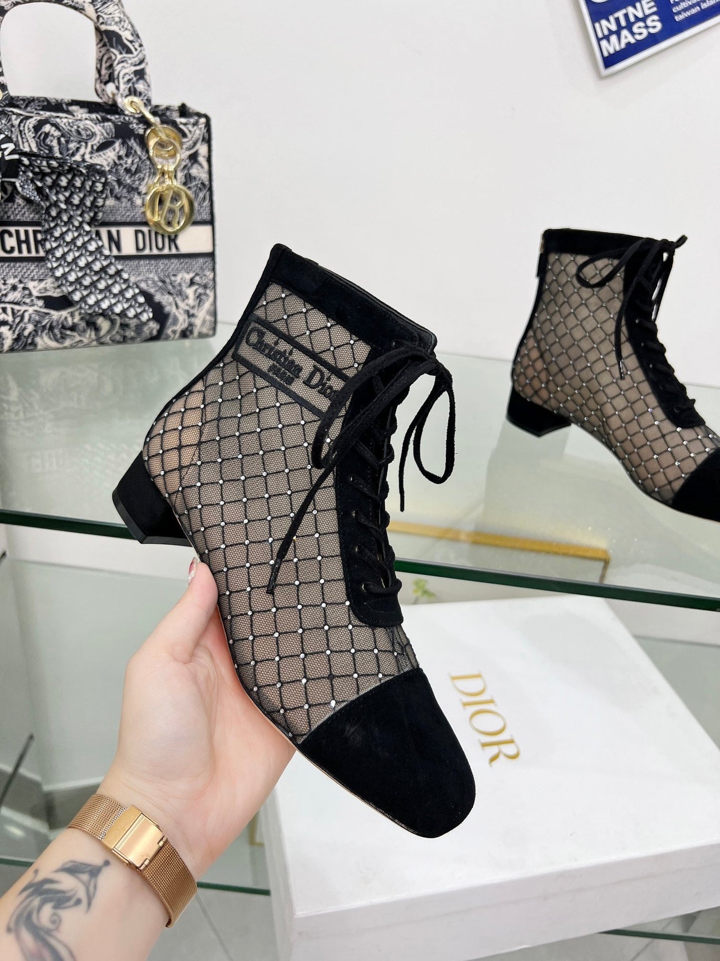 NAUGHTILY-D HEELED ANKLE BOOT IN BLACK EMBROIDERED MESH AND SUEDE 35 MM - 34