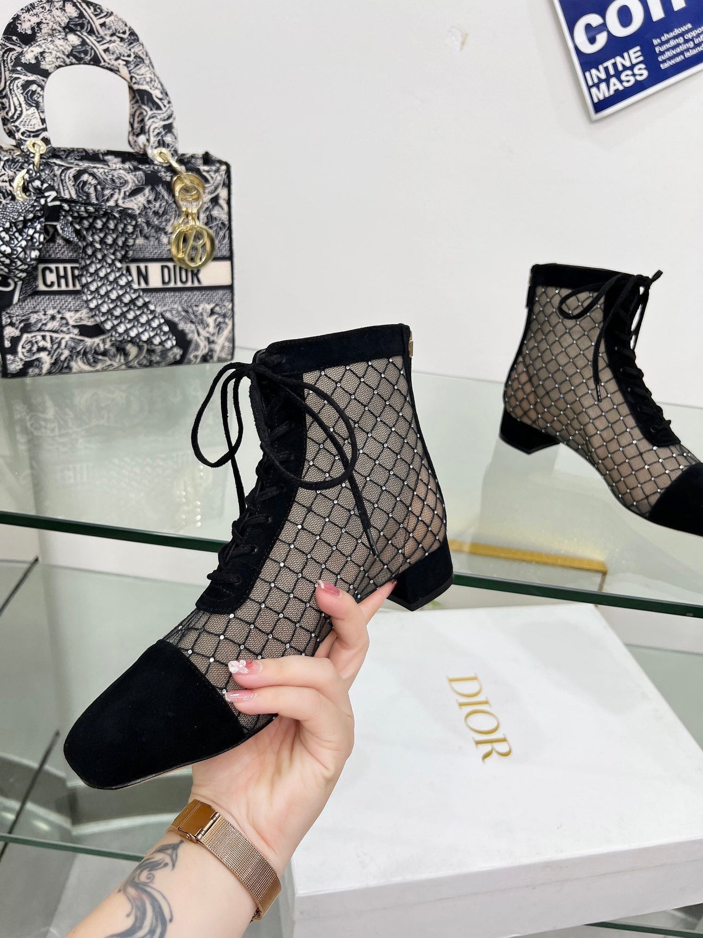 NAUGHTILY-D HEELED ANKLE BOOT IN BLACK EMBROIDERED MESH AND SUEDE 35 MM - 34