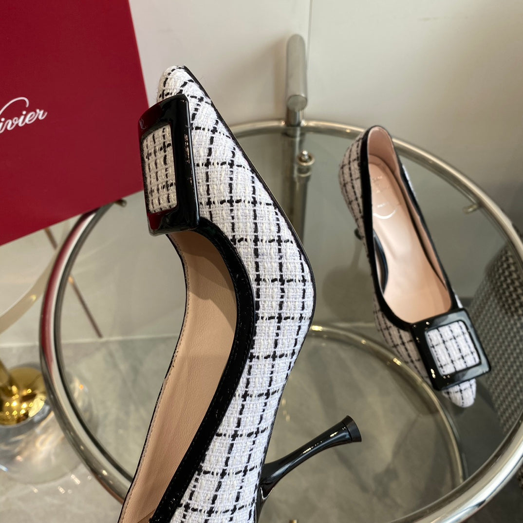 EFFLORESCENCE BALLERINAS PUMPS IN WHITE TWEED WITH FINE BLACK STRIPES EMBELLISHED CRYSTALS - 34